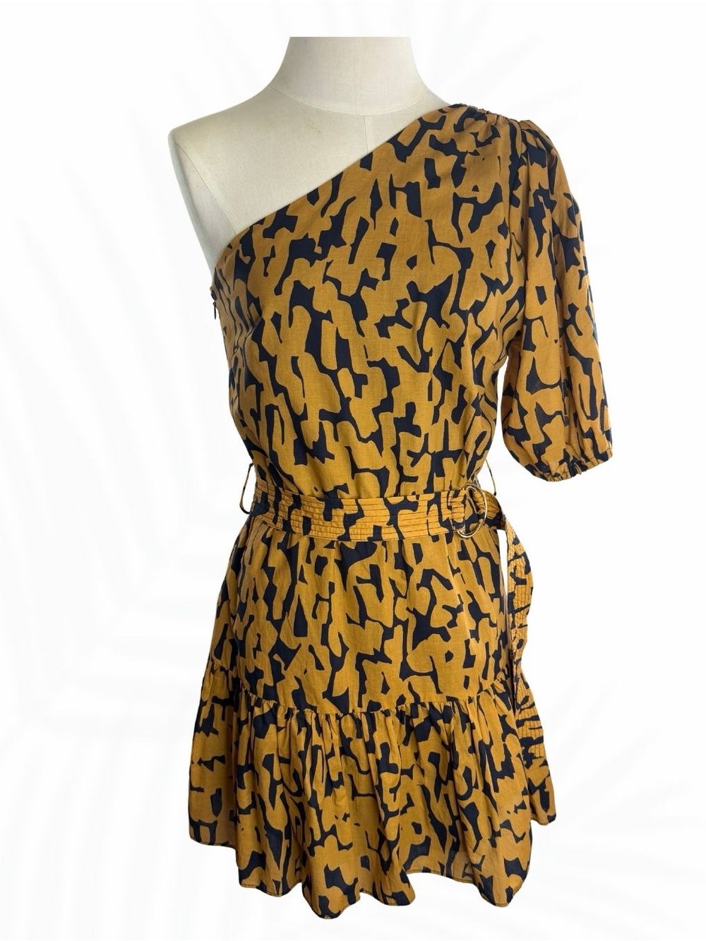 Karina Grimaldi One-Shoulder Printed Mini Dress – Mustard & Black